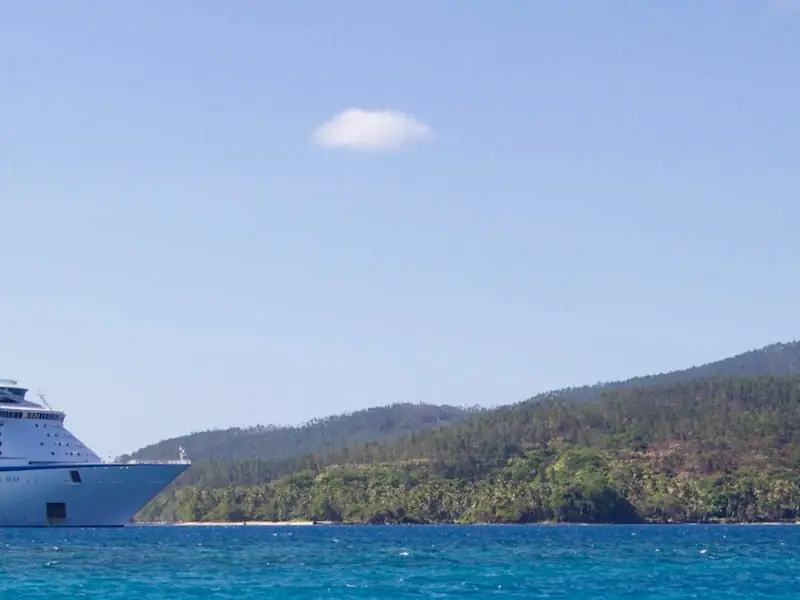 Kreuzfahrtschiff vor einer bewaldeten Küste bei ruhiger See